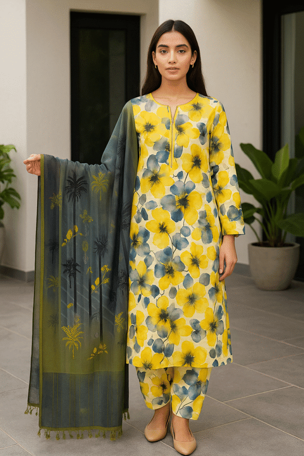 Premium Stuff Lawn Printed Shirt with Bana Dora Trouser Printed with Bana Dora Vail Dupatta