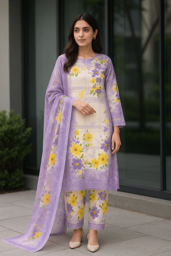 Premium Stuff Lawn Printed Shirt with Bana Dora Trouser Printed with Bana Dora Vail Dupatta