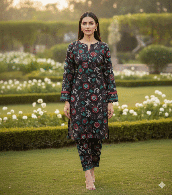 Digital Printed Linen Unstitched Suit Front View Black wtih multi flower on shirt and trouser