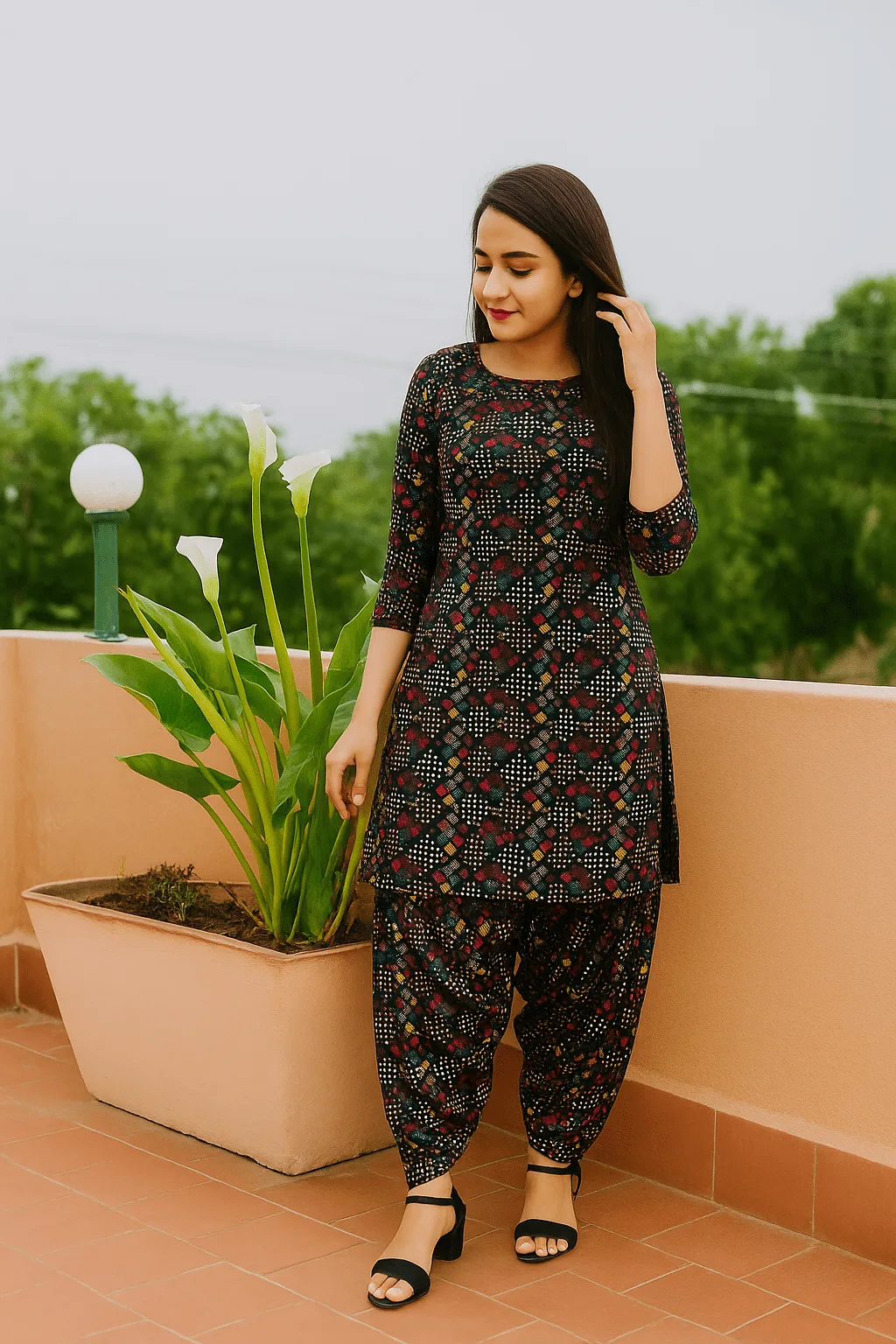 Digital Printed Linen Unstitched Suit Front View color brown and multi flowers frong & back Digital Print and trouser digital print
