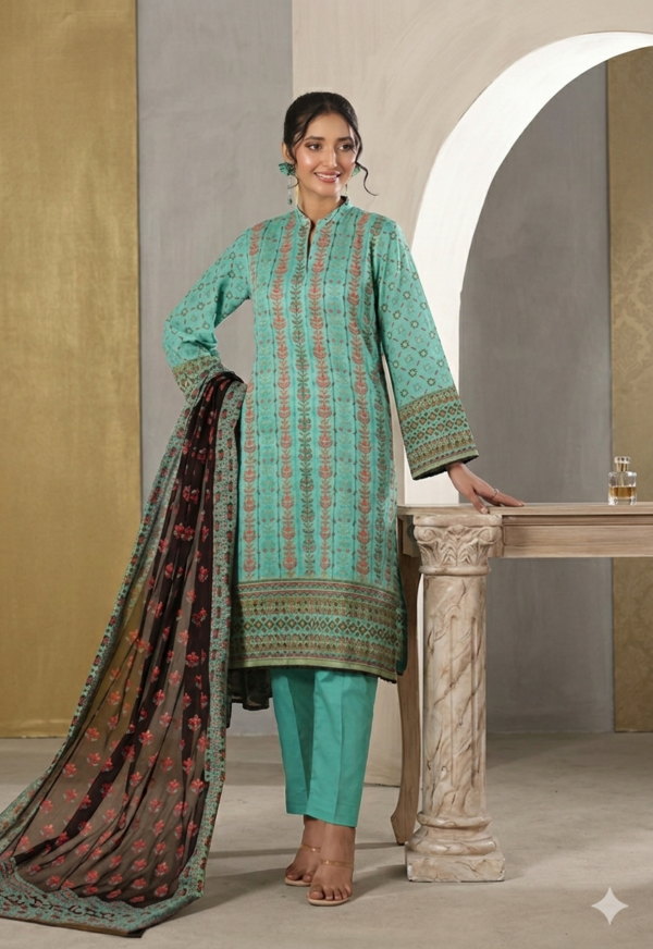 MJ Original Bansari Lawn Ferozi Brown 3 Piece Suit with Brown Printed Dupatta