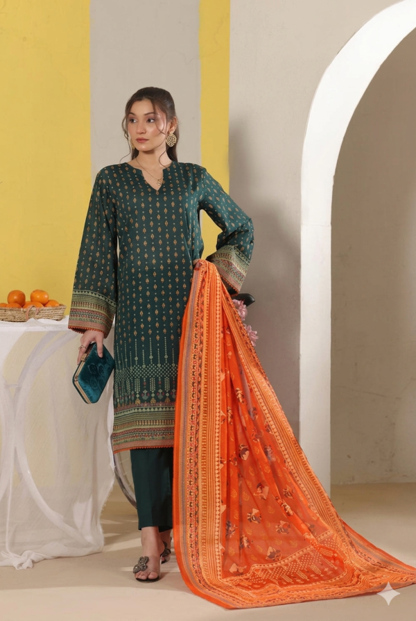 MJ Bansari Lawn Dark Green Shirt with Orange Printed Dupatta and Green Trouser 3 Piece Suit