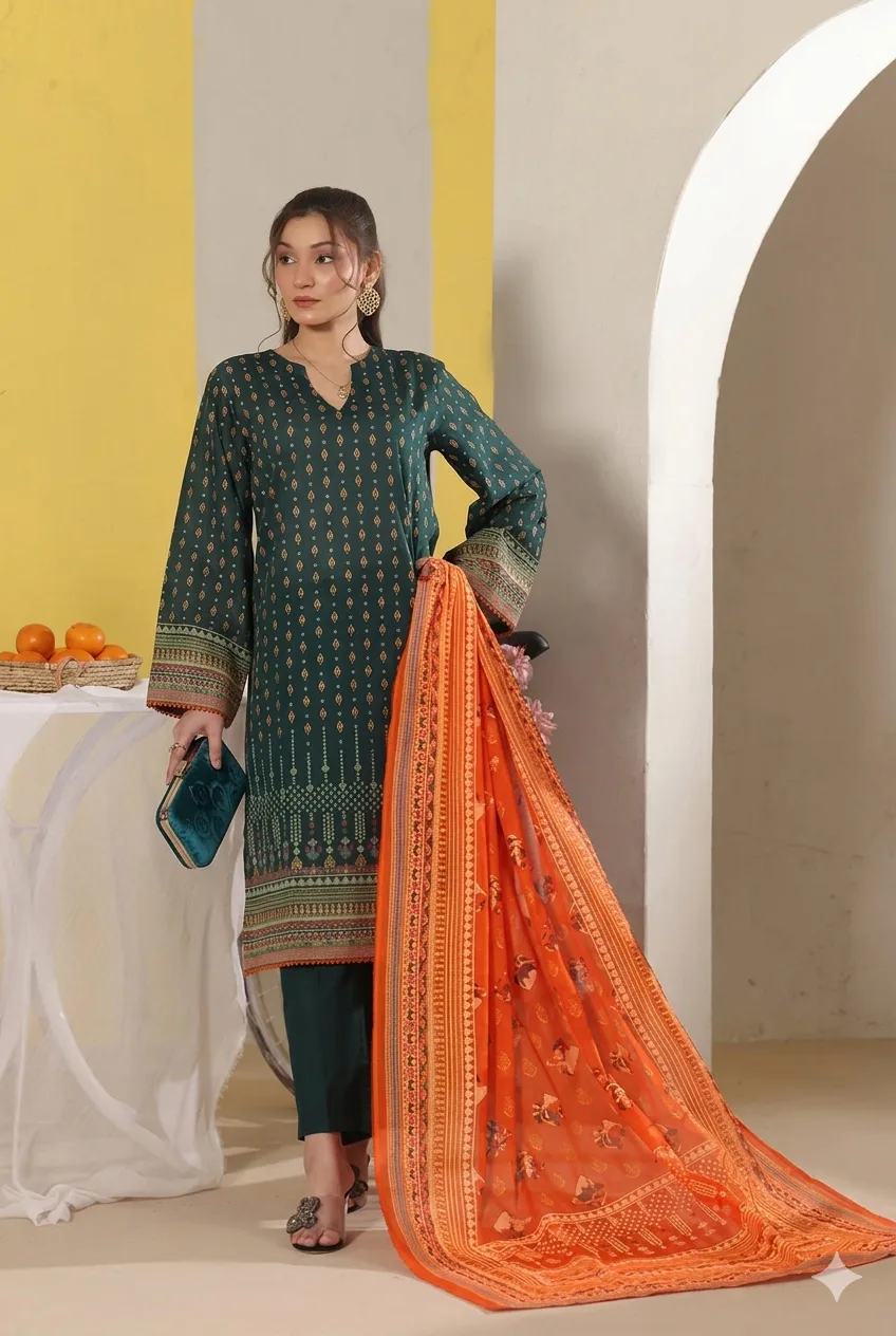 MJ Bansari Lawn Dark Green Shirt with Orange Printed Dupatta and Green Trouser 3 Piece Suit