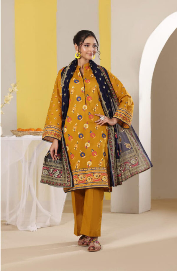 MJ Original Bansari Lawn Suit Dark Yellow with Black Bansari Dupatta and Dyed Trouser