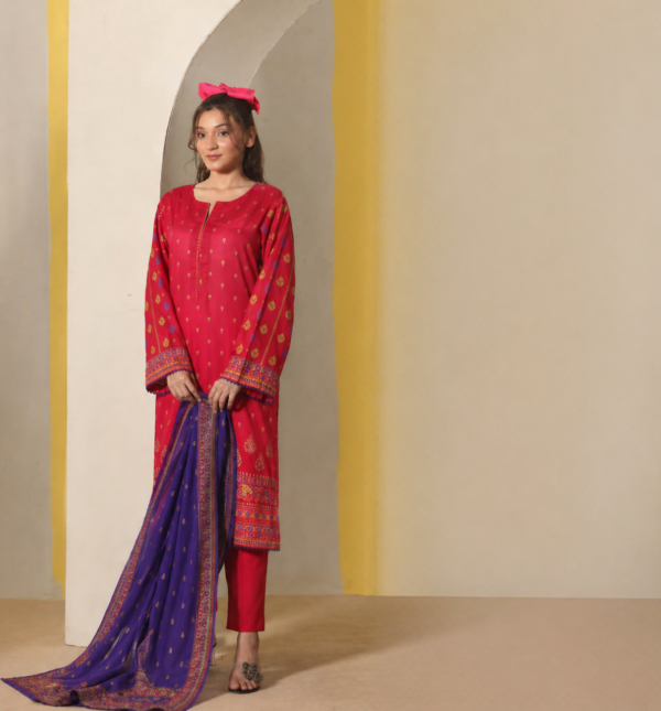 MJ Original Bansari Lawn Suit Red with Blue Bansari Dupatta and Dyed Trouser
