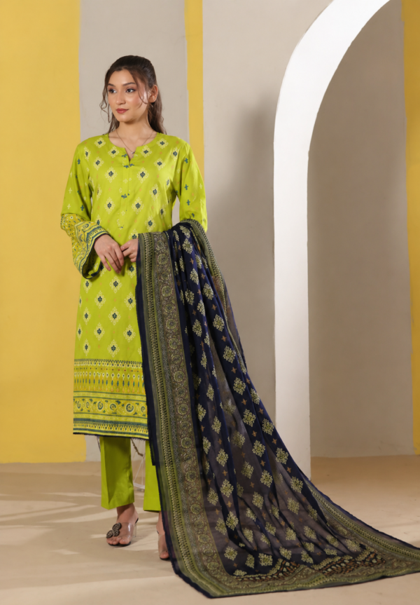 Lime Green Banarsi Lawn Printed 3 Piece Suit with Navy Blue Banarsi Dupatta and Dyed Trouser for Women by Store A One