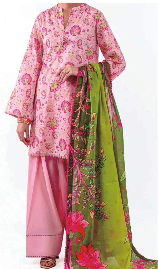 Almirah Pink Floral Suit with Olive Dupatta