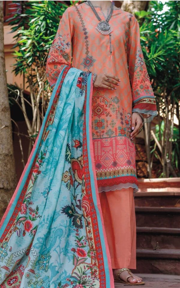 Peach Embroidered Ethnic Print Suit with Sky Blue Dupatta