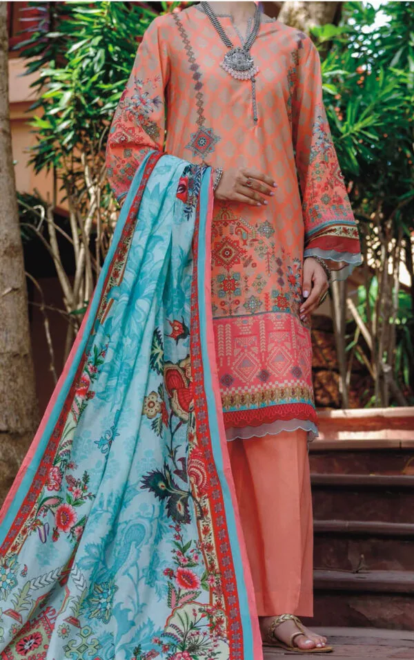 Peach Embroidered Ethnic Print Suit with Sky Blue Dupatta