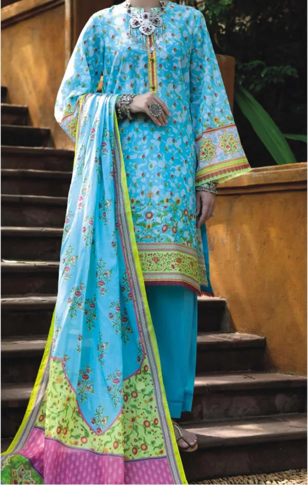 Blue Floral Print Suit with Multicolor Border Dupatta