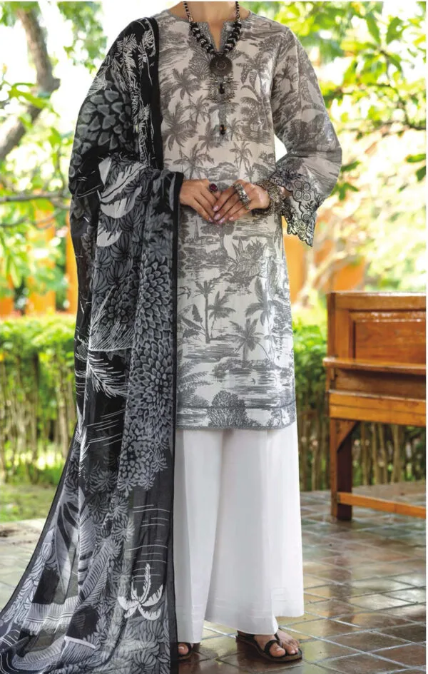 Grey & White Toile Scenic Print Suit with Black Floral Dupatta