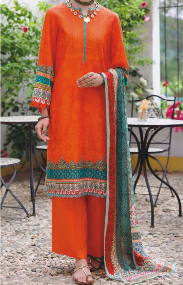 Vibrant Orange Suit with Teal Ornate Border & Printed Dupatta