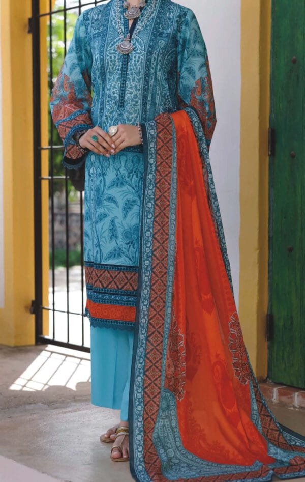 Teal Paisley Print Suit with Orange Diamond Border & Dupatta
