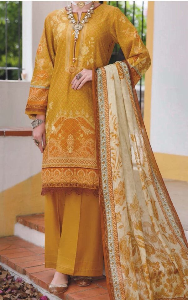 Mustard Yellow Ajrak Print Suit with Cream Floral Dupatta